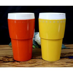 Vintage Set of 2 Orange & Yellow Mar Wood Thermoware Insulated Tumblers Cups